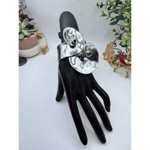 Zara Polished Silvertone Circular Spiral Sculptural Cuff Bracelet Modernist